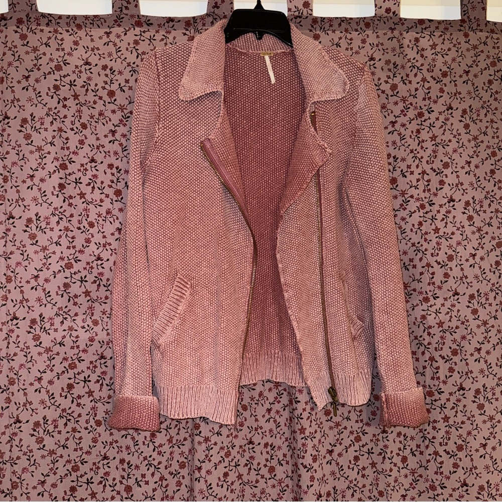Free People Mauve Knit Zip Up Moto Sweater Cardigan